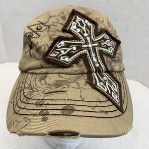 Kbethos Beige Hat Cap Embroidered Bling Cross Strapback